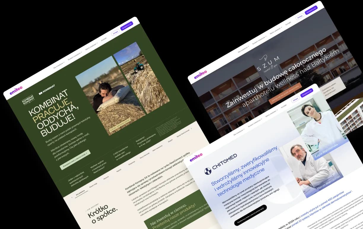 Mockupy stron projektów opublikowanych na Emiteo