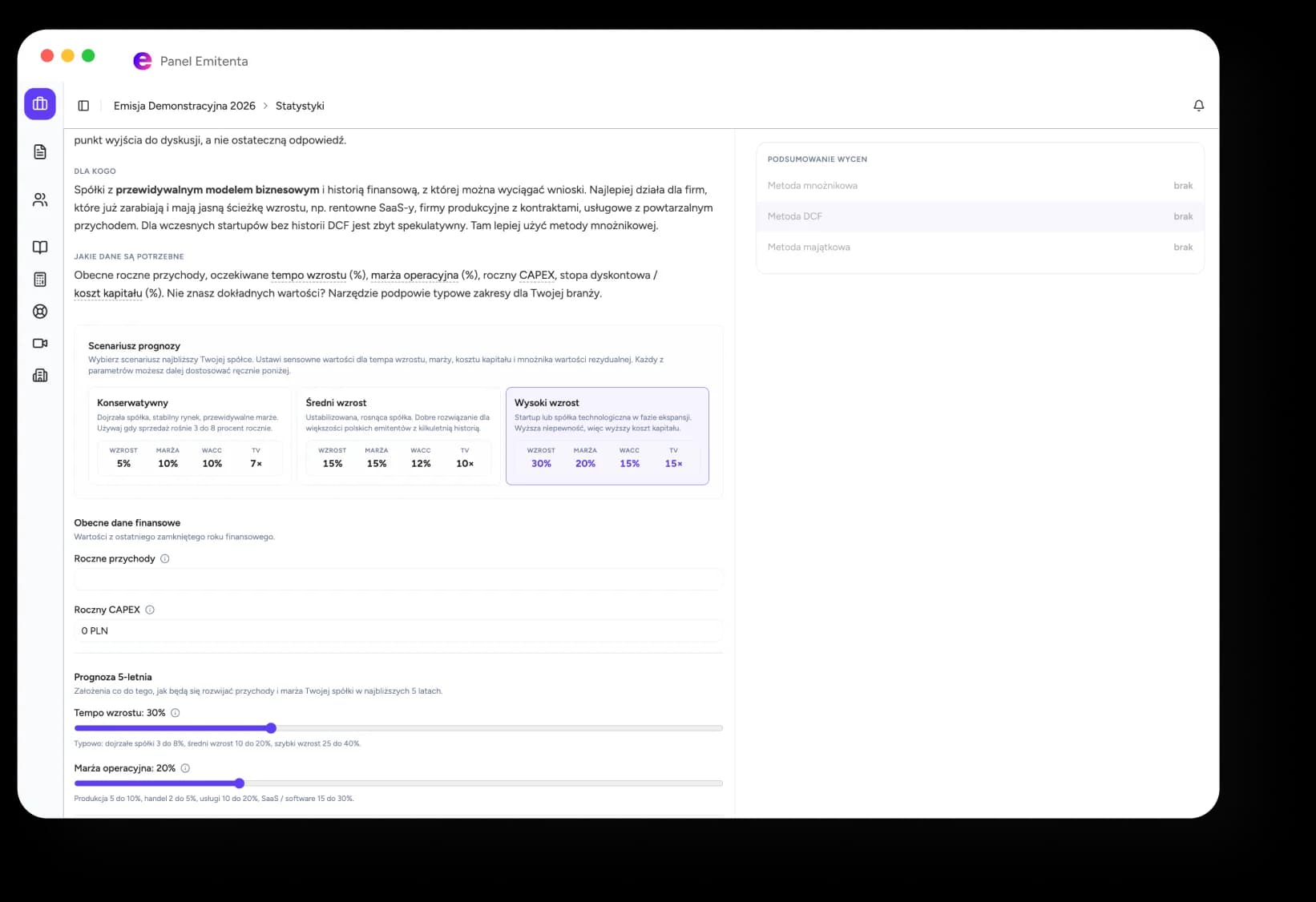 Mockup panelu — kalkulator wyceny