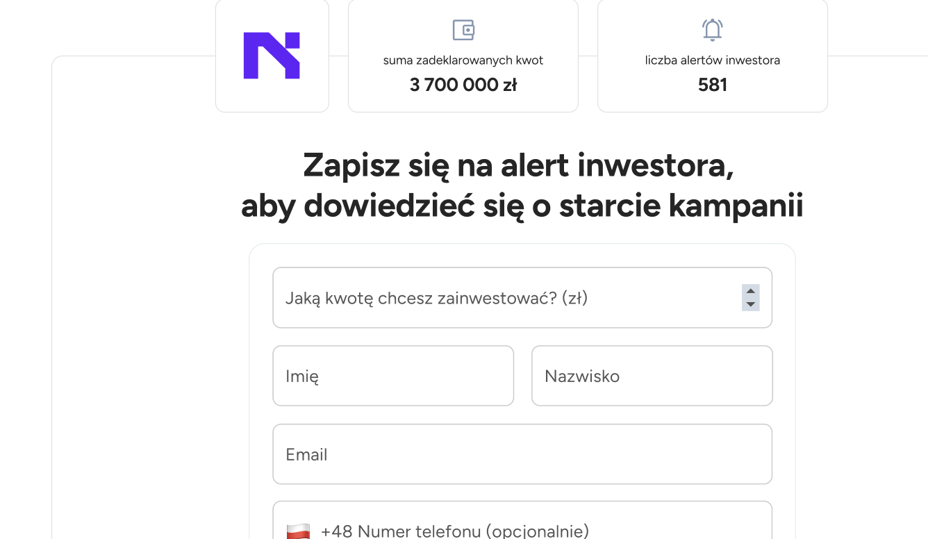 Mockup formularza alertu inwestora
