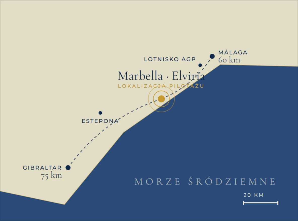 Mapa okolic Marbelli z zaznaczoną lokalizacją pilotażu w Elvirii