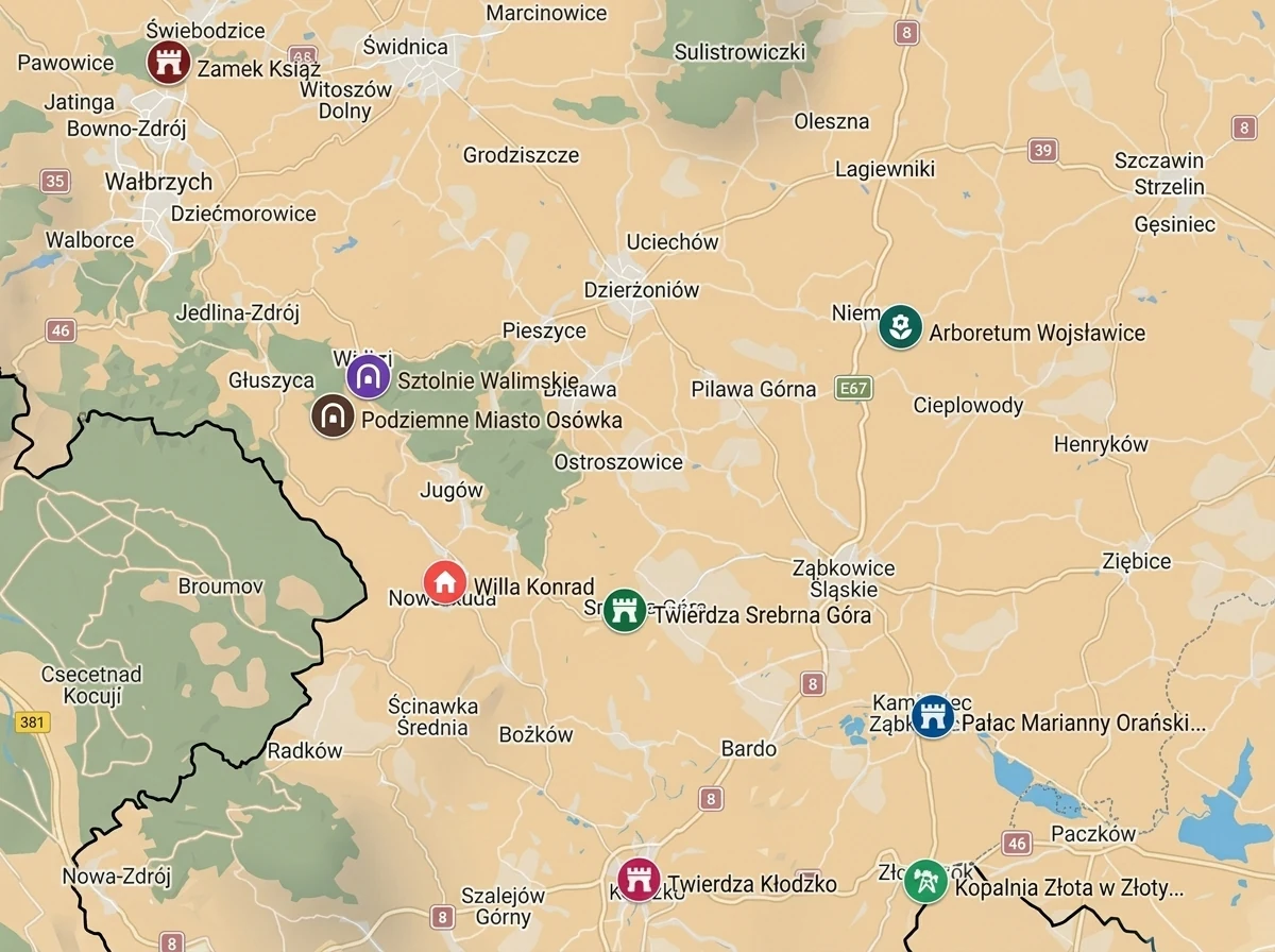 Mapa atrakcji Ziemi Kłodzkiej i Gór Sowich wokół Willi Konrad